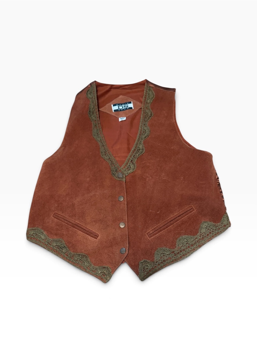 Women's Rust Brown Suede Vest with Olive Scalloped Trim size large